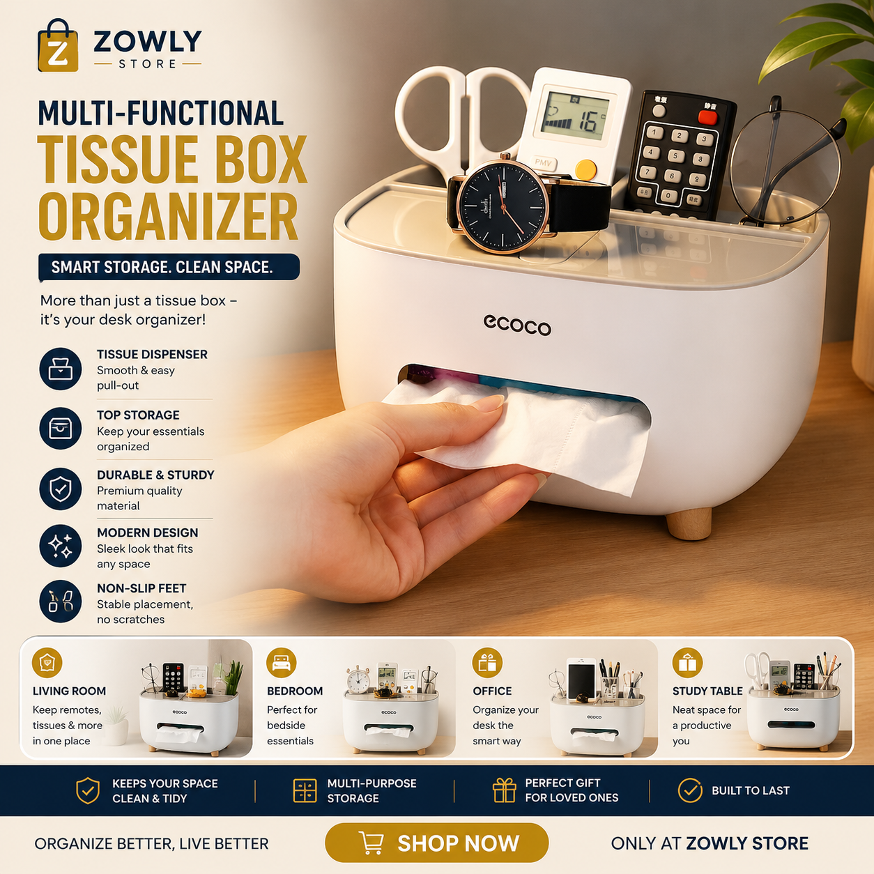 Ecoco Tissue Box With Multifunctional Holder
