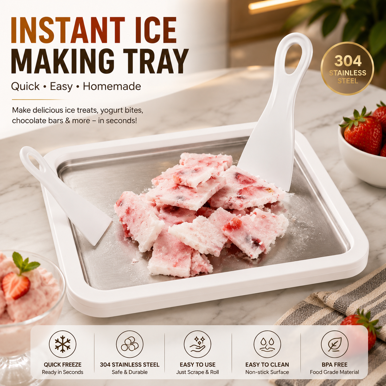 Instant Rolled Ice Cream Maker, Frozen Dessert Preparation Pan, Homemade Ice Cream Maker Tray, Homemade Ice Cream Roll Kit