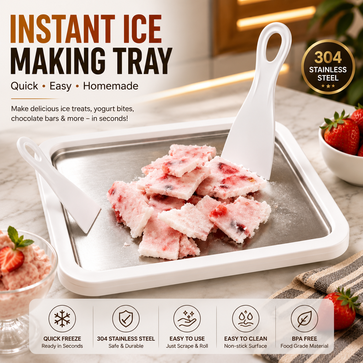 Instant Rolled Ice Cream Maker, Frozen Dessert Preparation Pan, Homemade Ice Cream Maker Tray, Homemade Ice Cream Roll Kit