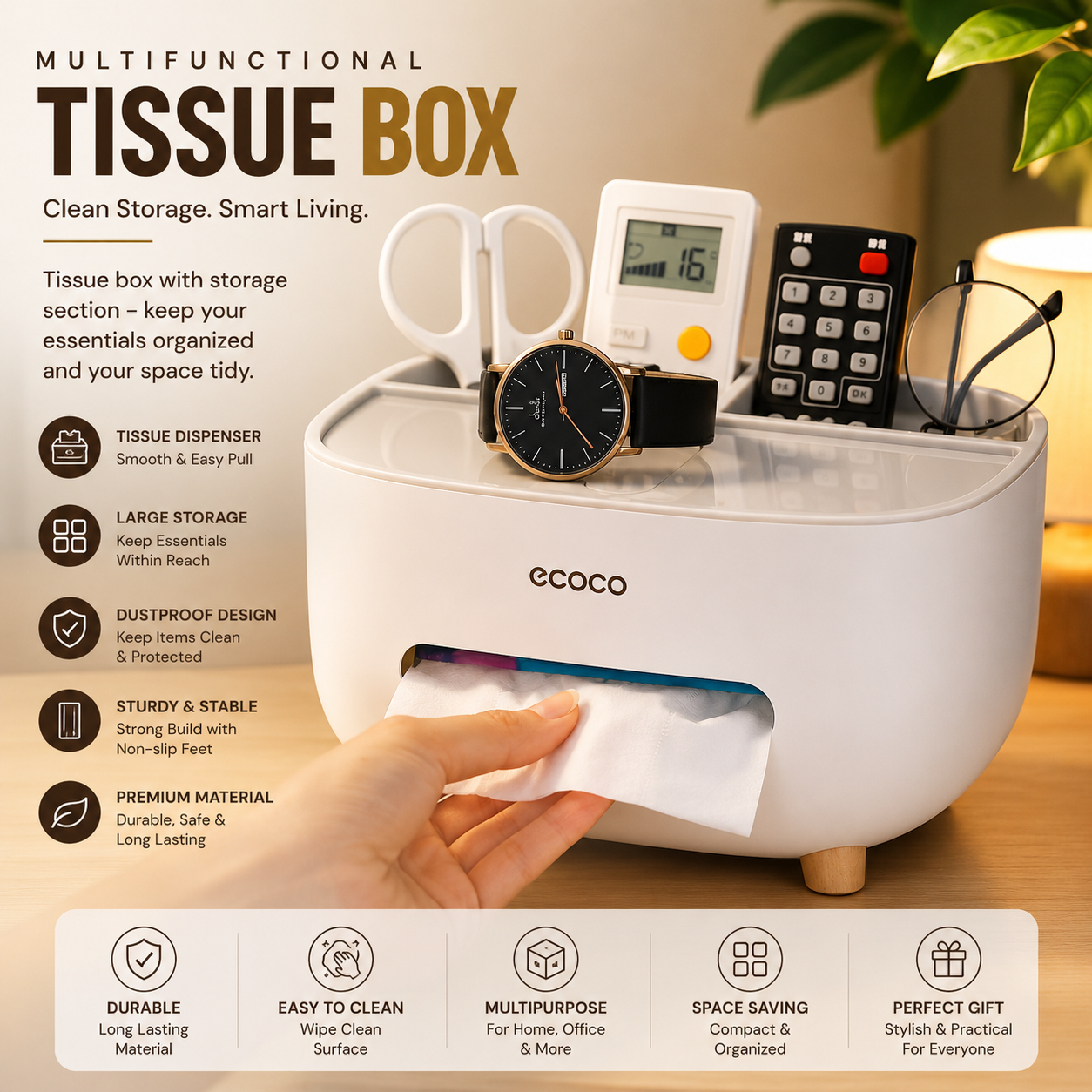 Ecoco Tissue Box With Multifunctional Holder