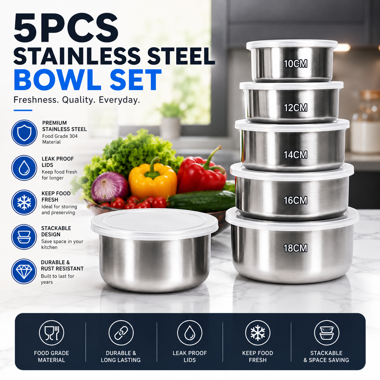 5pcs Stainless Steel Bowl Set