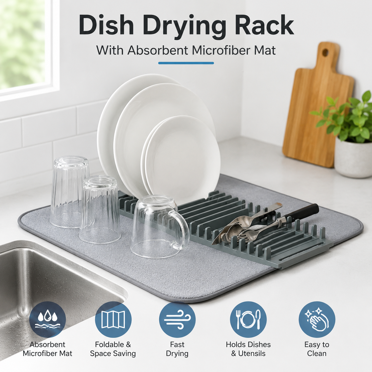 Dish Drying Rack With Absorbent Microfiber Mat