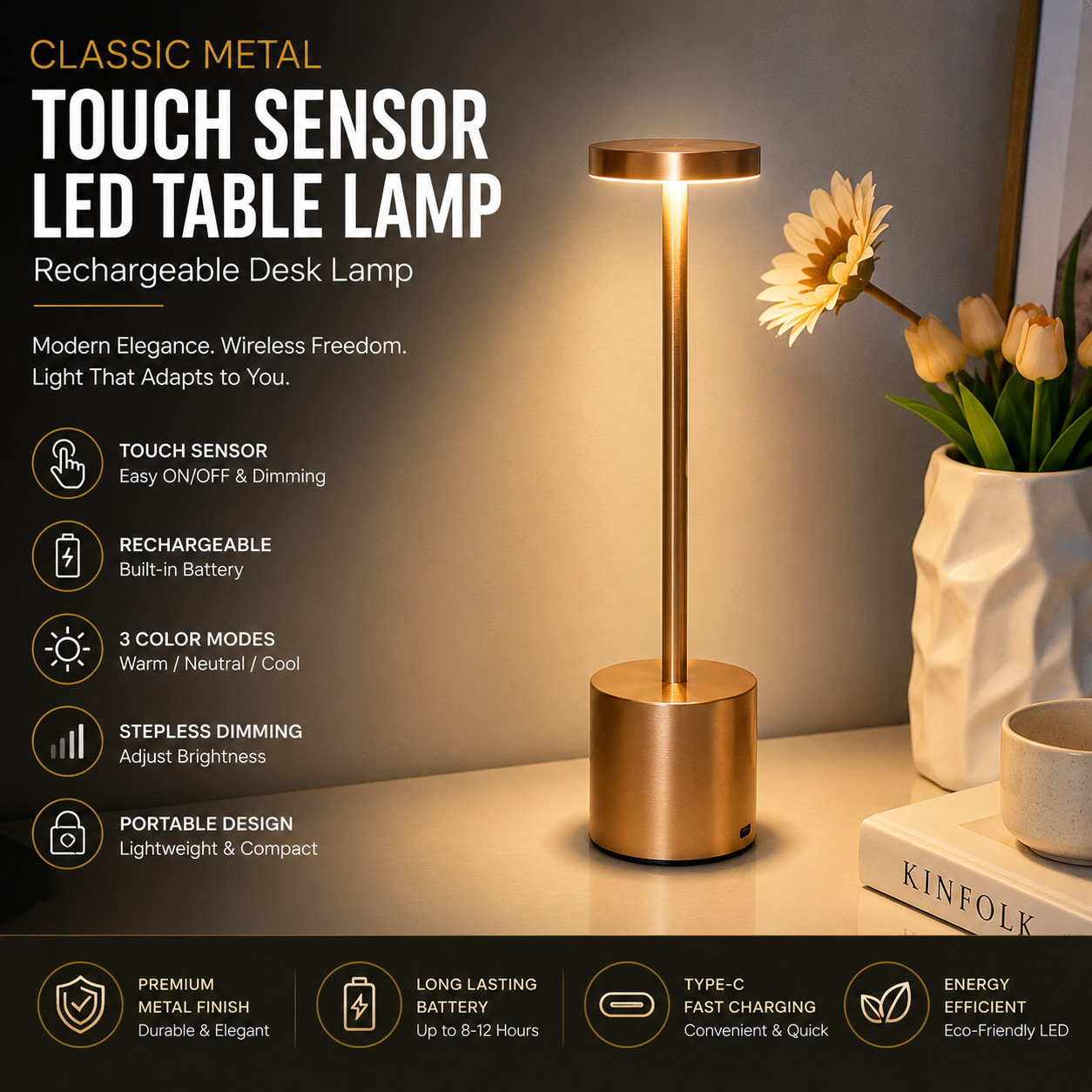 Classic Metal Touch Sensor LED Table Lamp Rechargeable Desk Lamp