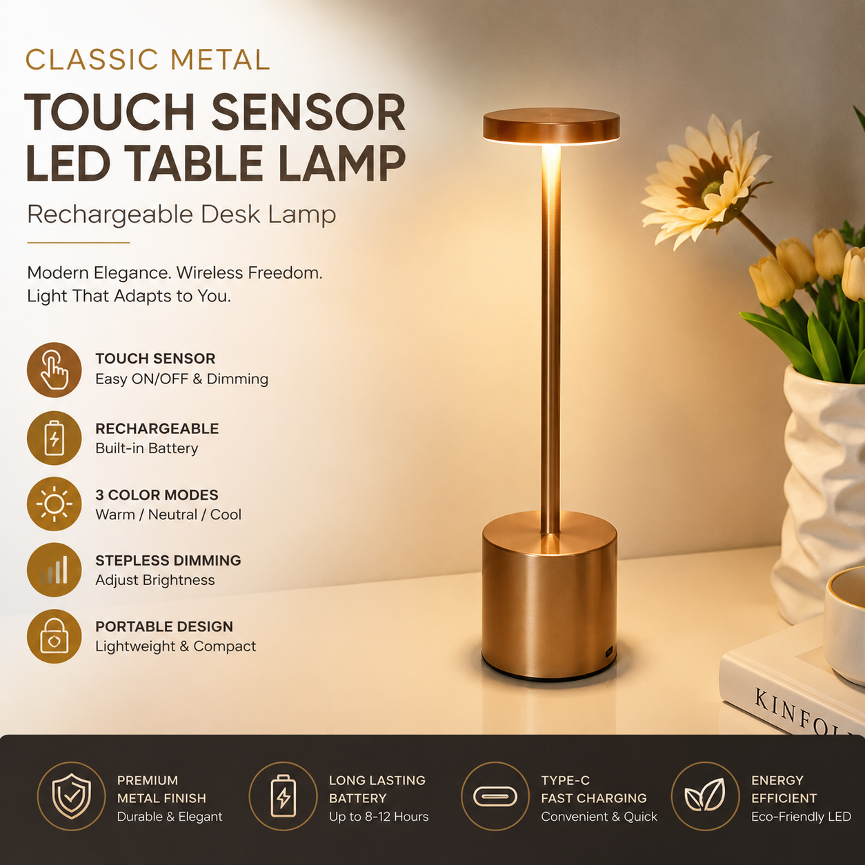 Classic Metal Touch Sensor LED Table Lamp Rechargeable Desk Lamp